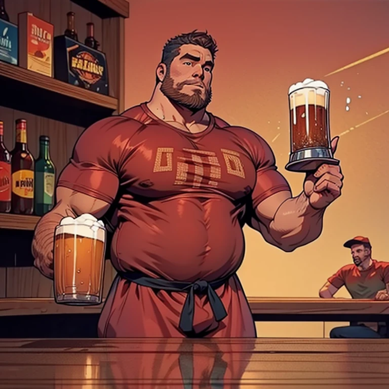 Make a man with obesity. Esse homem deve estar usando roupa vermelha. Ele deve estar dentro de um bar. He's drinking beer. Foto ultra realista, qualidade 8k, Full HD