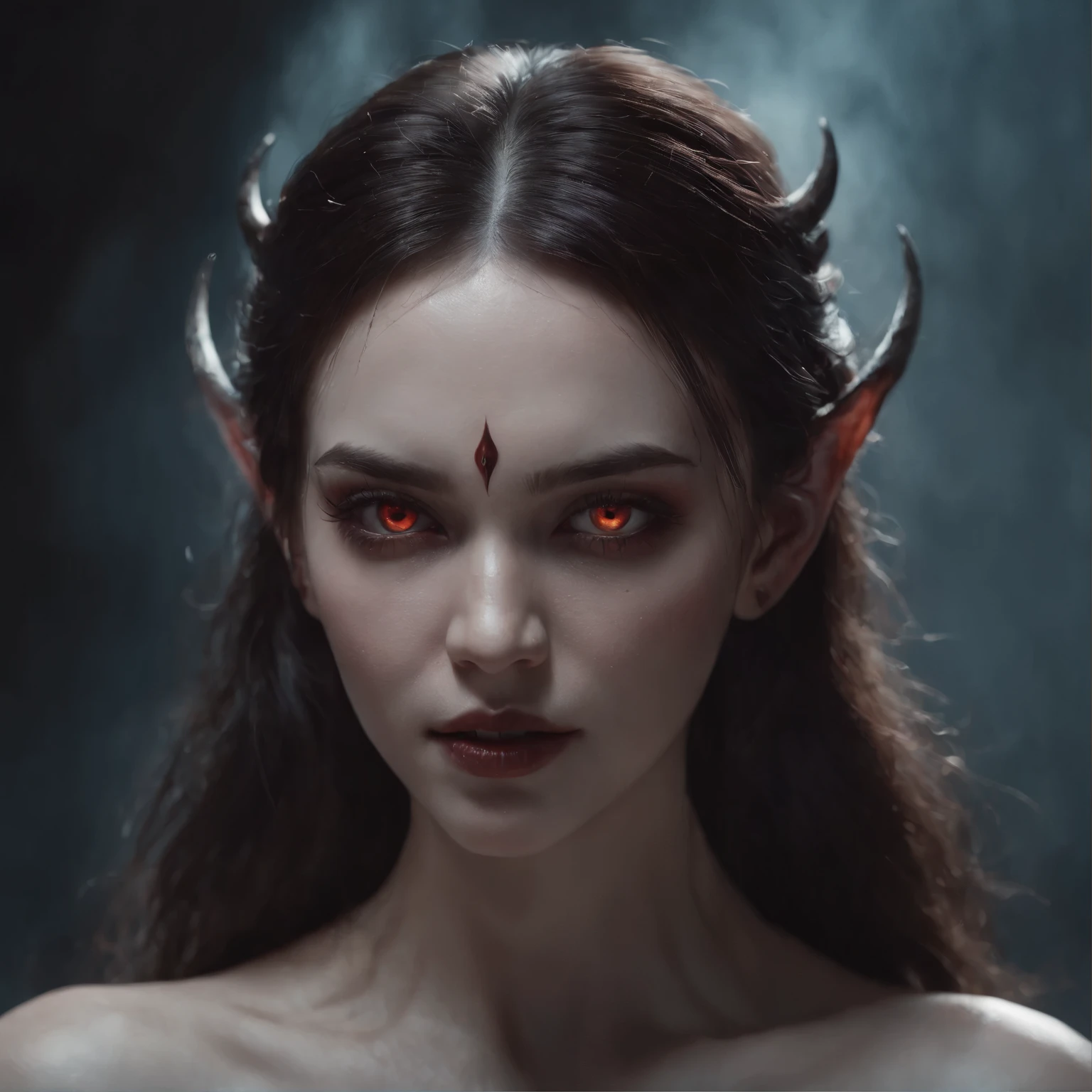 photo RAW, full color portrait, A beautiful female Demon in her natural habitat, masterpiece, award winning photography, lighting, perfect composition, high detail, hyper realistic, even natural lighting, epic, pretty makeup, flowing hair,