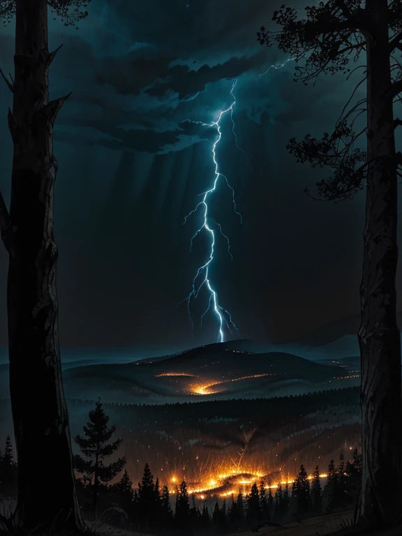 (lightning), (night), (dark), (lights up a vast forest), (shadow on the ground), (fire), (view from sky), (view from top), (view far away)