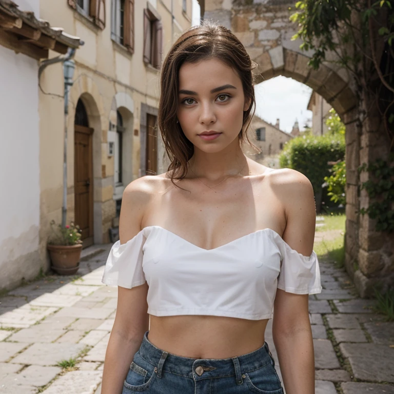 jeune femme de 25 ans, brune aux yeux bleus, crop-top en blanc transparent, summer rain, bare shoulders, low-cut, in a medieval village, murs en anciennes pierres, portes en bois