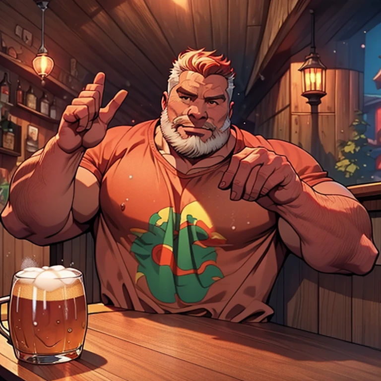 Make a man with obesity. Esse homem deve estar usando roupa vermelha. Ele deve estar dentro de um bar. He's drinking beer. Foto ultra realista, qualidade 8k, Full HD, talking and gesturing with their hands 