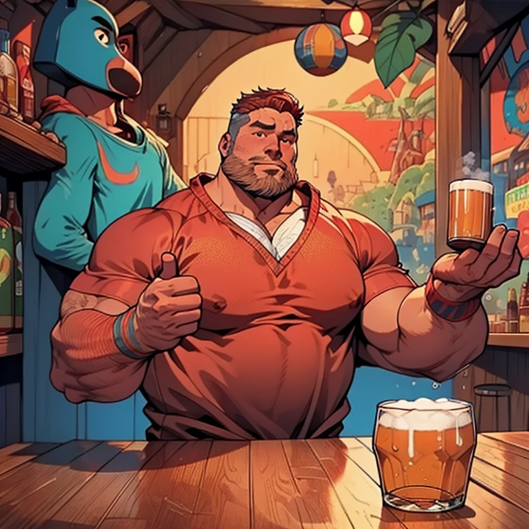 Make a man with obesity. Esse homem deve estar usando roupa vermelha. Ele deve estar dentro de um bar. He's drinking beer. Foto ultra realista, qualidade 8k, Full HD, talking and gesturing with their hands 