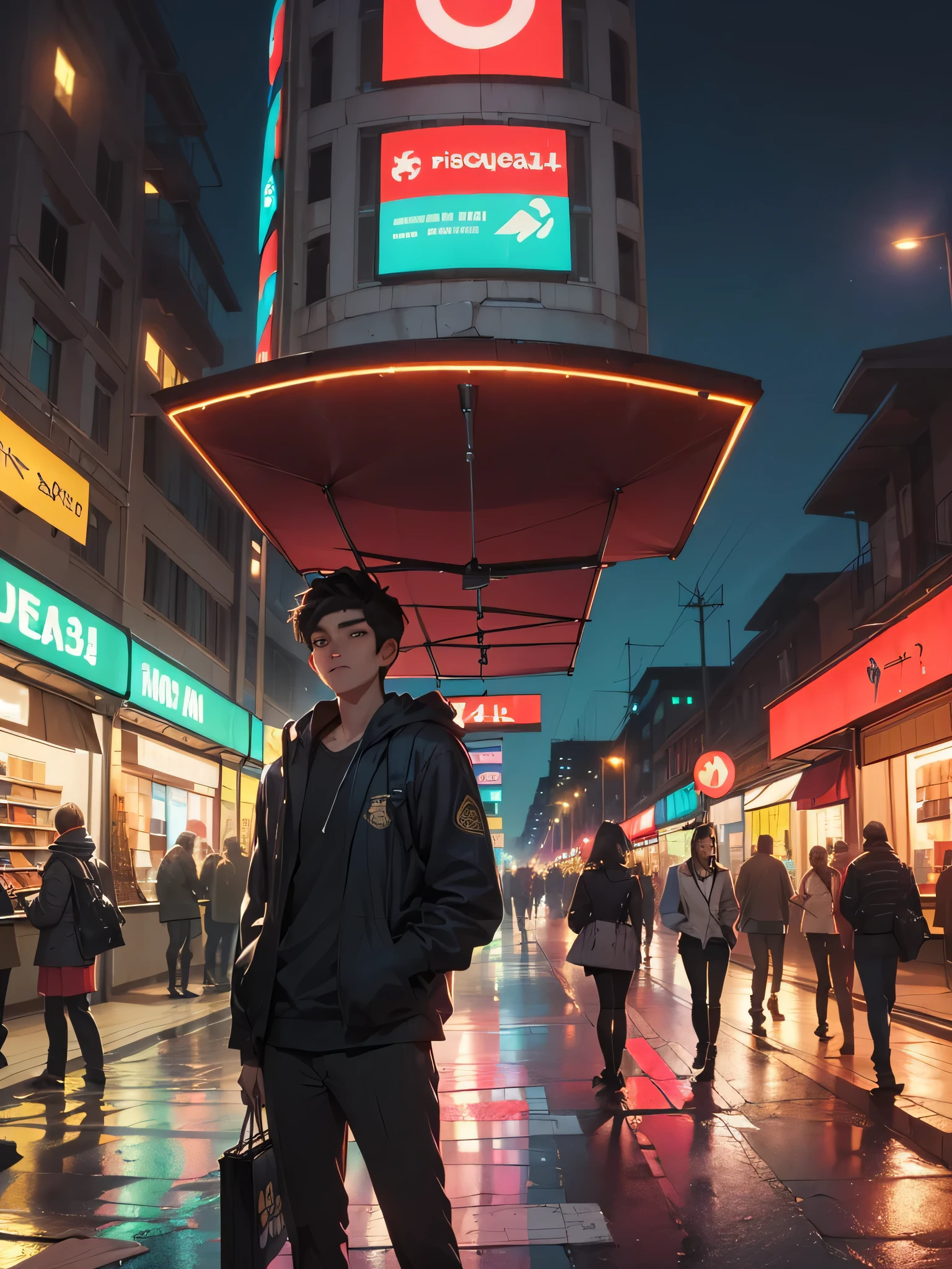 plano general, ((hermosa joven con paraguas esperando un taxi en una esquina de la ciudad, textura de piel, altamente detallada y realista:1.5)), (ciudad, calle a medianoche, viento, Papeles voladores, charcos de agua en las calles , ((cartel con texto, "tienda 24 horas":1.3) ), coches antiguos, streetlight lighting, Lluvia Pesada gotas de lluvia bien definidas:1.4, dark and cold night: 1.3), obra maestra, Hyper realistic, muy detallado y bien definido, imagen premiada, beautiful photography, CGK: 1.4, 8K