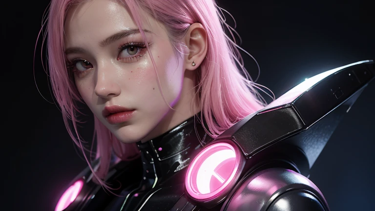 1 girl, pink neon ,android, 女性android , cyber punk, club,dim lighting, neon signs,fc portrait, neon,cyber punk, futuristic ,