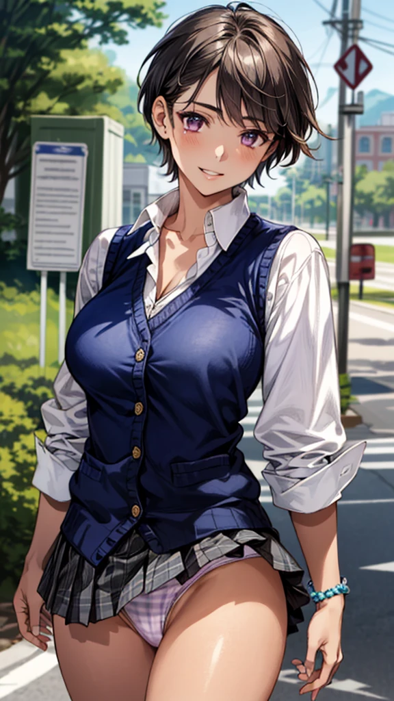 (masterpiece:1.3, highest quality), ultra high resolution, Super detailed, (realistic, photorealistic:1.4), beautiful illustrations, perfect lighting, colorful, written boundary depth,
looking at the viewer, 1 girl, alone, Japanese, high school girl, Improve, (big breasts:0.8, big ass, seductive thighs, skin dents),
(short hair:1.5, pixie cut:1.4), brown hair, asymmetrical bangs, purple eyes, parted lips, (very tanned and shiny skin),
beautiful hair, beautiful face, highly detailed face, fine and beautiful eyes, beautiful clavicle, beautiful body, beautiful breasts, beautiful thighs, beautiful feet, beautiful fingers,
(beautiful scenery), daytime, outdoor,
(( (Navy knit vest), Grey checked tie, long sleeve white shirt with collar, , pink plaid pleated skirt, black tie)), white panties, Polka dot hair scrunchie, bracelet,
(walk, (OK sign)), (enchanting smile),