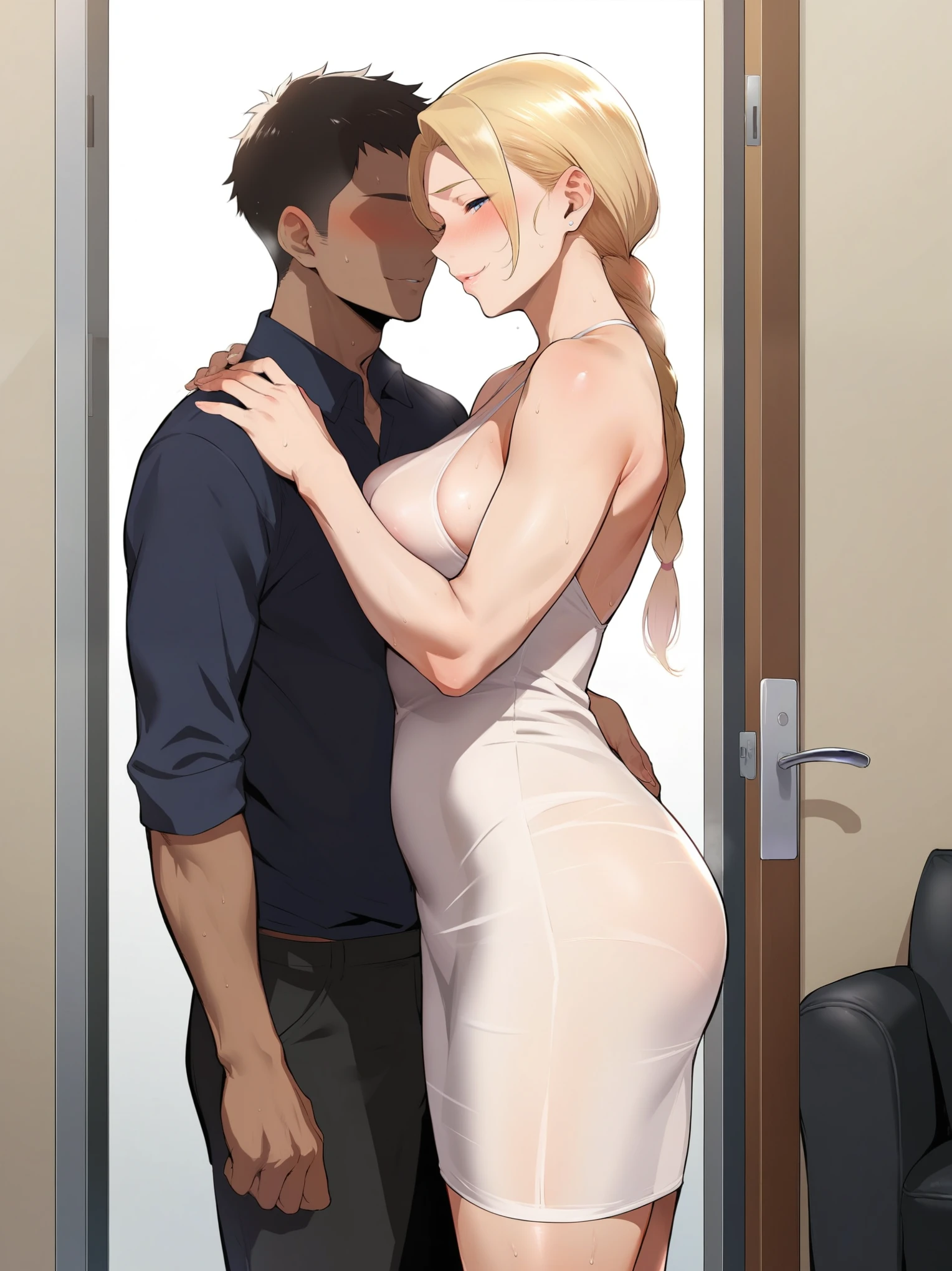 score_9, score_8_up, score_7_up, source_anime, 1girl, ((mature female)), on couch, standing, blonde female, braided ponytail, long ponytail, ikuchan, blush, shy, no panties, nude, BLACKED, ((milf)), front, dress, wearing dress, no bra, no panties, see through clothes, see through breasts, standing, indoors, standing near door, door, entrance, home, 1boy, dark skinned male, girls, white dress hand on boy shoulder, size difference, clothed male, faceless male, smirk, biting own lips, hand on shoulder, ((embrace)), ((femdom)), side view, clothed male