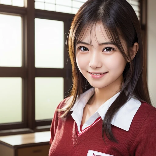 (Safe at Work:1.2), (realistic raw photo:1.6), (Ultra high definition, textured skin, professional photos), Portrait, Cute and sexy girl, Japanese high school student, (Captivate you:0.9), perfect body, Appearance that will make you fall in love at first sight, Smiling embarrassedly, beautiful skin, (transparency:1.1), attractive lips, Dark colored uniform