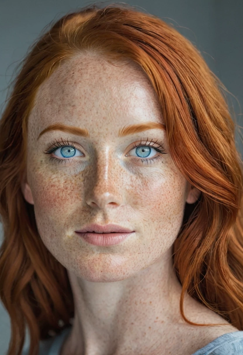30-year-old redhead, light blue eyes, freckles, full body, frontal, ultra-realistic