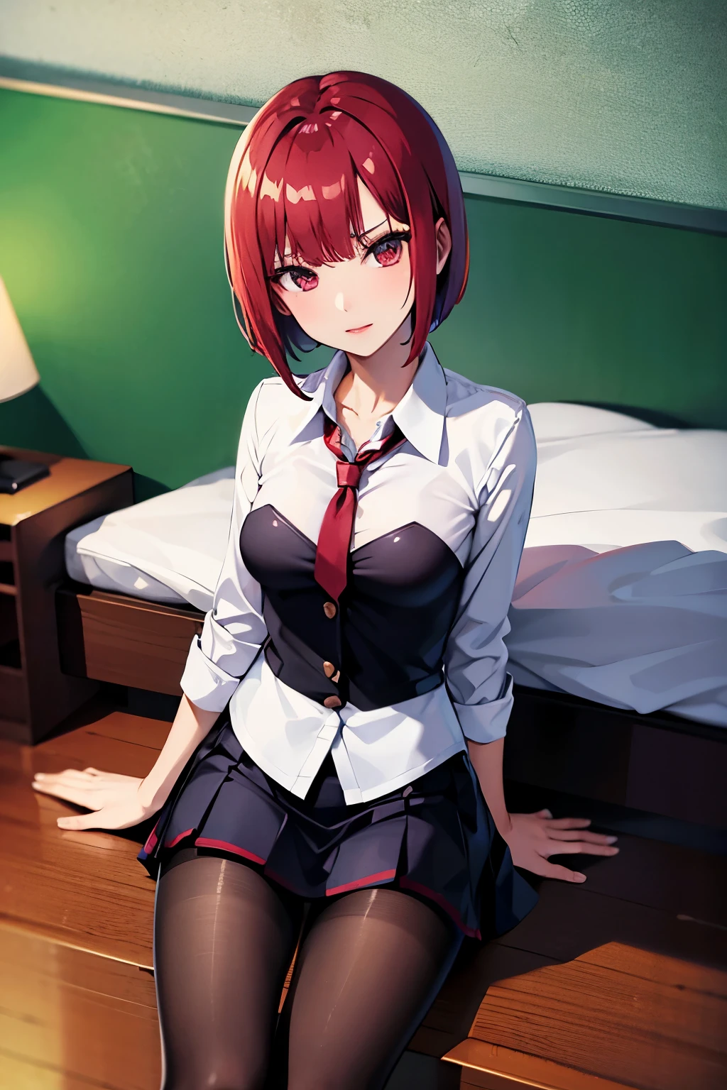 Rio, Super Blackjack、red hair、short hair、((school uniform))、((pantyhose))、mini skirt、Photo from below、medium chest、Bedroom、Rio・デ・カーニバル、bra