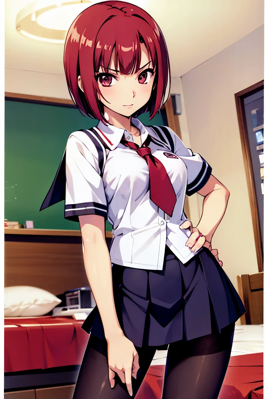 Rio, Super Blackjack、red hair、short hair、((school uniform))、((pantyhose))、mini skirt、Photo from below、medium chest、Bedroom、Rio・デ・カーニバル、bra