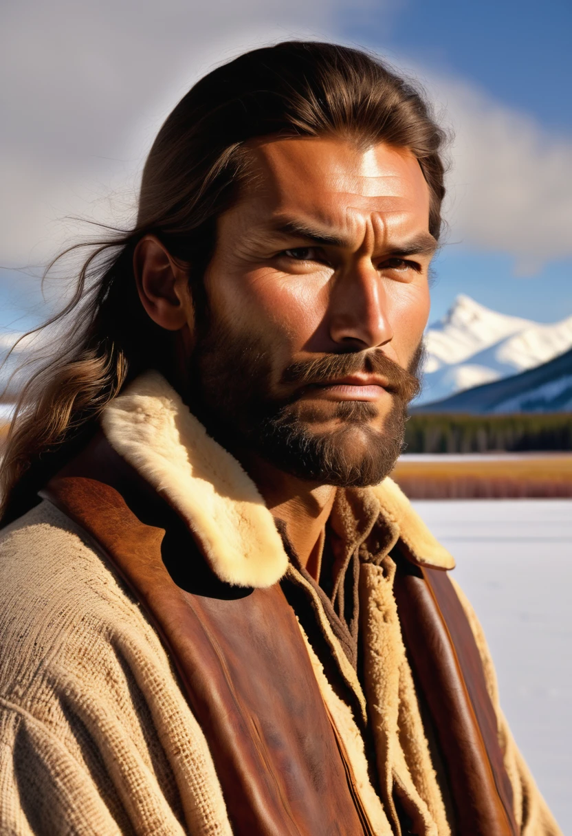 (highly detailed, soft light, detailed face, detailed skin, detailed eyes, photorealistic, dynamic light; cinematic); 1820's; 35 years old man; 3/4-German 1/4-Sioux Indian mix; 1820's fur-trader; leadership figure; strikingly handsome; wild man; defined cheekbones; defined strong jawline; longer chin; handsome face; strapping; tough confident expression; masculine face; charismatic; grizzled; sensual; strong German nose; manly passionate air; very attractive; burly broad figure with strong shoulders; ruddy weathered skin; long stubble beard; thick strong chestnut-brown eyebrows; wearing 1820's fur-trapper outfit; long loose tousled chestnut-brown hair in half-up tied-back style; full firm masculine lips; standing in Canada's rustic 1820's Red River Settlement during winter; natural light-blue eyes; 3/4-German 1/4-Sioux Indian mix; looking at camera