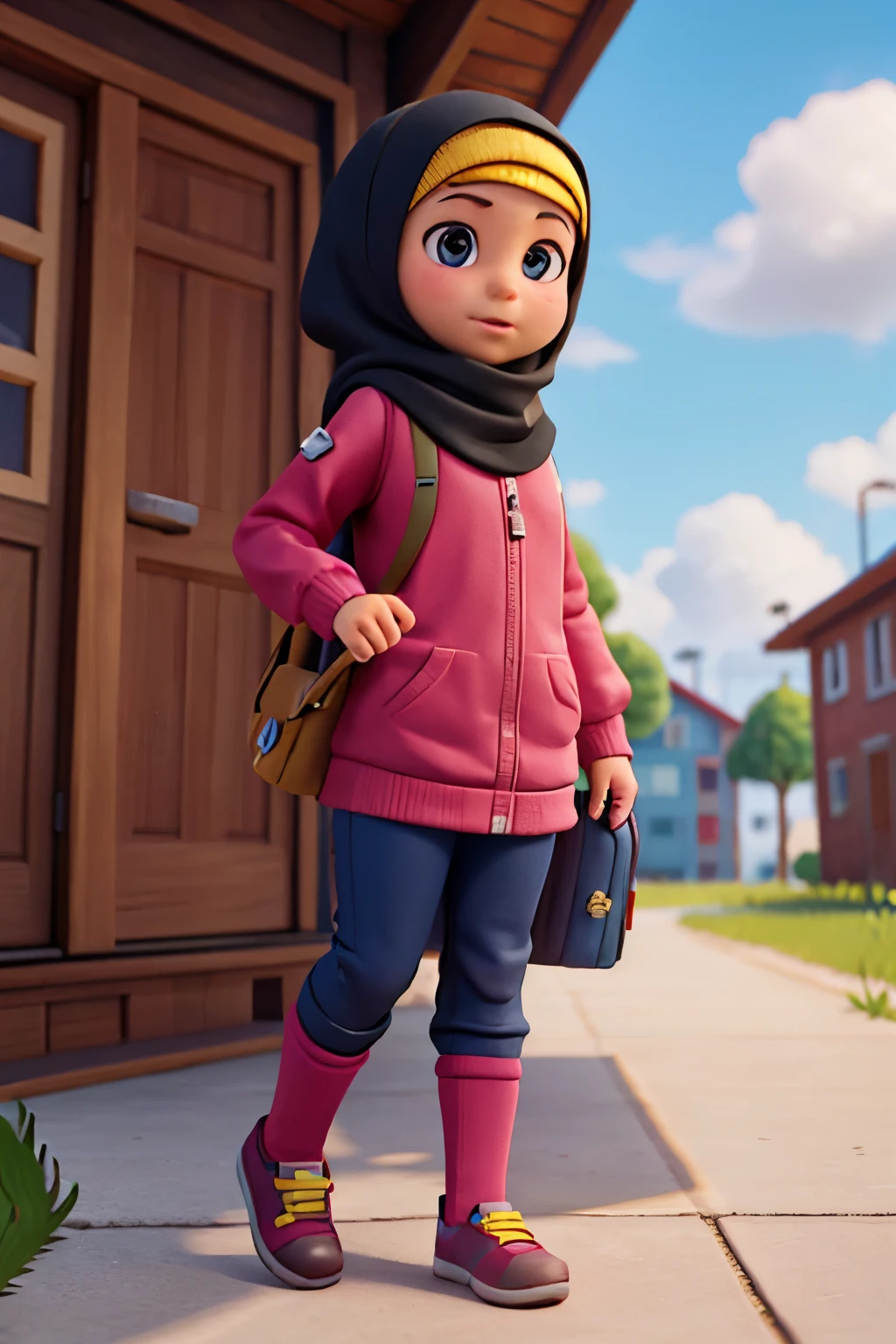 6 girl named tinni,wearing hijab, going to school, fortnite art style, poster, 3d render