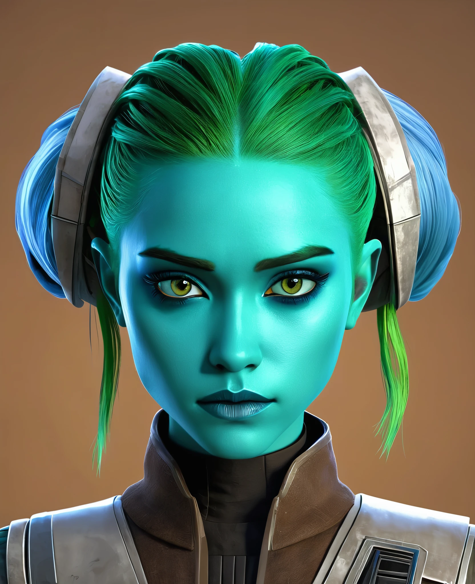 An androgynous Young looking Star War character with blue-green skin and hair. Stylized like in the 3D animation serie "the clones wars", it really need to look like in the series