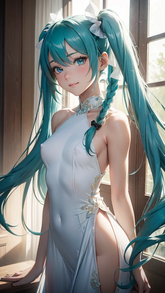Super detailed, NSFW, masterpiece, High resolution, Photorealistic digital art, perfect lighting, (((1 girl, perfect anatomy))), accurate right hand, accurate left hand, five fingers, perfect style, shy smile, (hatsune miku,) 3d face, big light blue-green eyes, glossy lips, blue-green long hair, shiny skin, (((twin tails))), big square hair accessories, (((White long dress))), The light highlights the body lines,