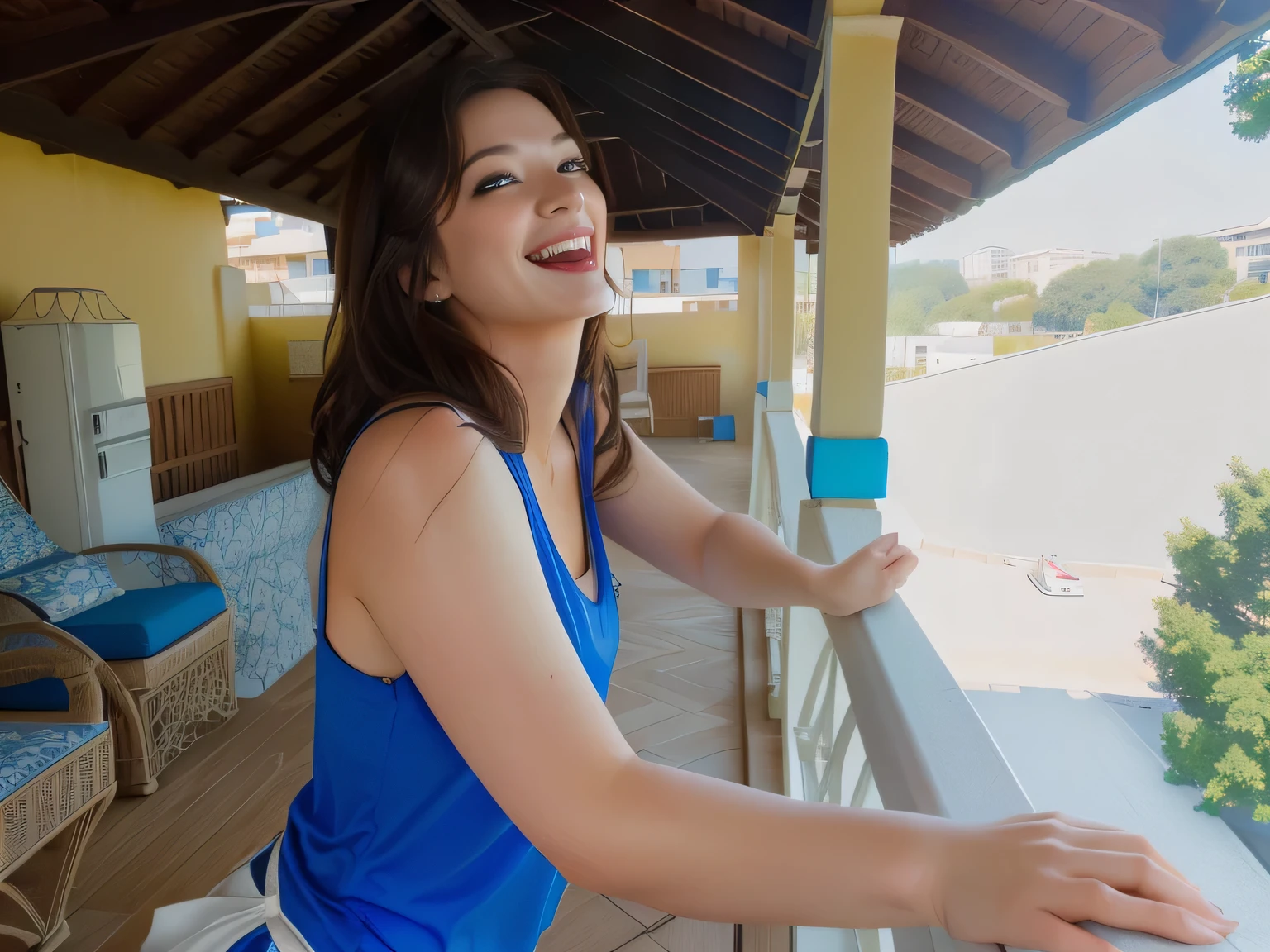 Beautiful woman, laughing, on a balcony, wearing a blue t-shirt, leaning on a railing. High Resolution, (Photographically Realistic), , Sexy Pose, 8K, NFSW. Masterpiece, best quality, (best quality), (CG unit 8k wallpaper, realistic lighting, extremely detailed), (best quality), (best illustration), (best shadow), absurdities, realistic lighting, (Abyss) , beautiful detailed luster. Best quality, high resolution, Masterpiece: 1.3, High resolution (photographically realistic). She is around 35 years old, a woman in good physical condition.