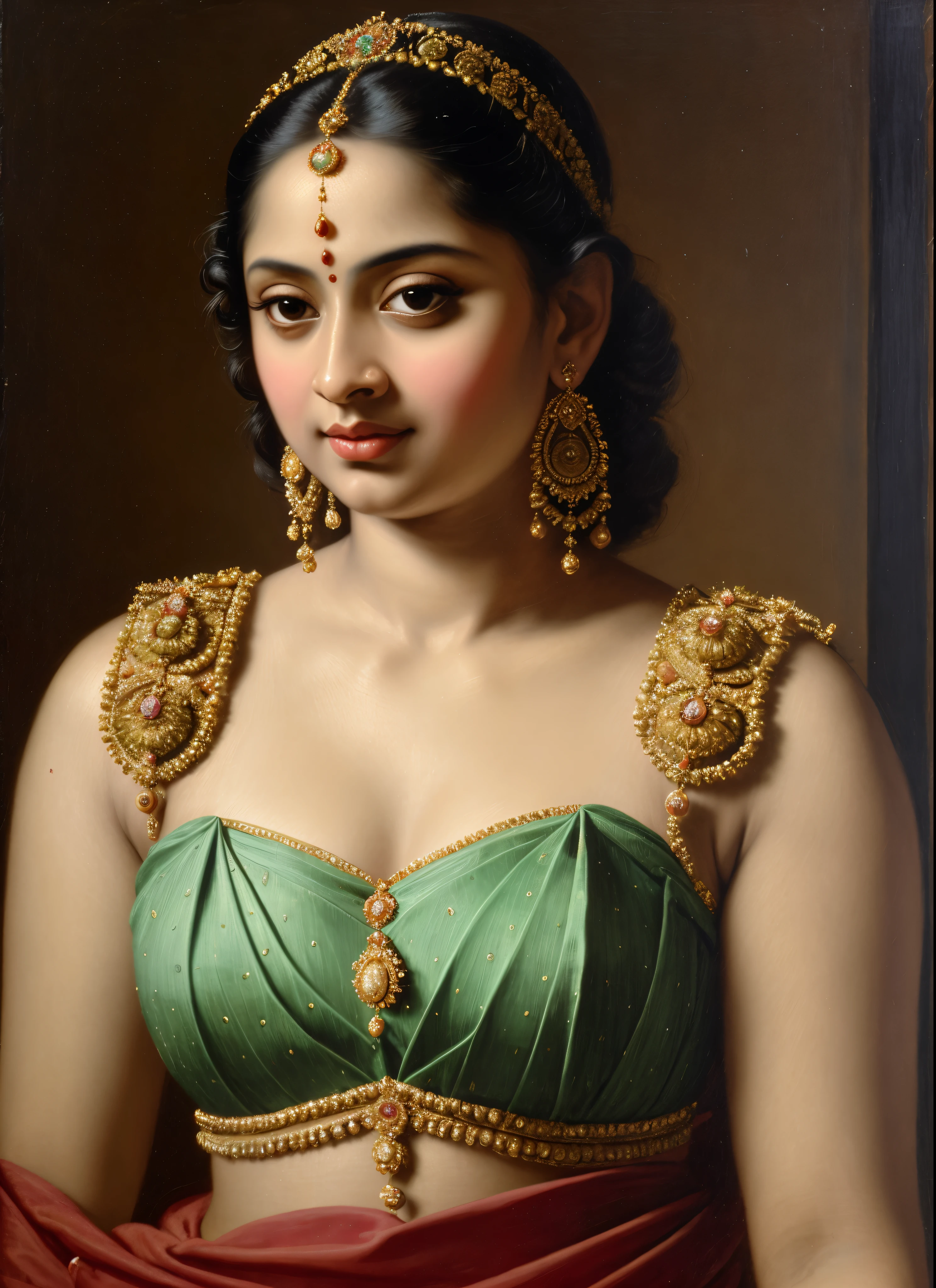 Beautiful Indian Woman, wearing saree, sari Beauty, gorgeous, Apsara, Maharani, royal queen woman, nymph from Hindu Mythology, Urvashi, matchless beauty, Highly detailed, Oil Painting by Peter Paul Rubens inspired by Raja Ravi Varma, Matchless beauty, captivating, gorgeous, heavenly beauty, celestial beauty, by Peter Paul Rubens, 13, realistic, hyper realistic, micro details, incredible artwork, insane details, ultra High resolution, 8k, 32k, acrylic on canvas, intricate, flawless, detailed, detailed face, detailed eyes, masterpiece, by Peter Paul Rubens, by Caravaggio, by William Adolphe bouguereau, perfect face, perfect body, beautiful art, realism, baroque, renaissance Art, highly textured, beautiful and detailed eyes, uhd, best quality,