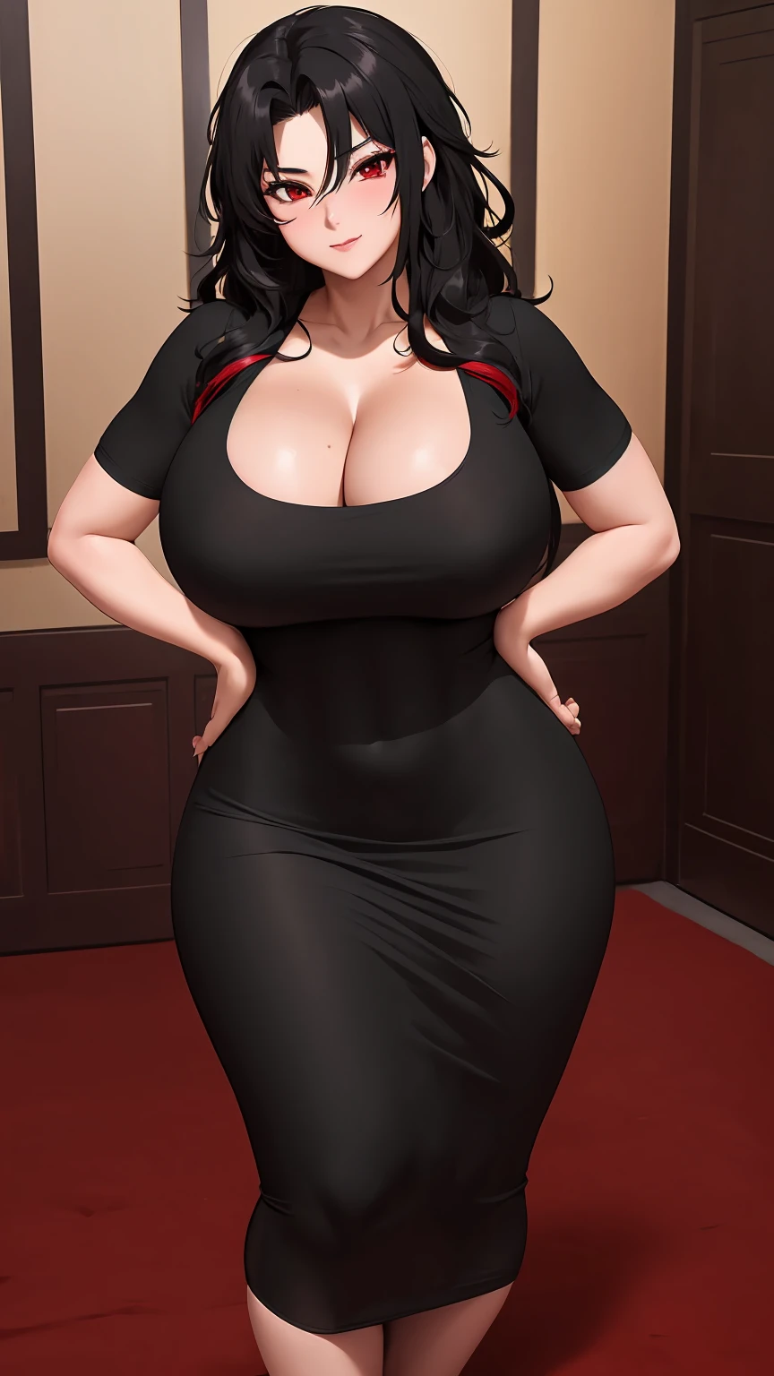 masterpiece, best quality, extremely detail 8k cg, high resolution, 1girl, kurenai yuhi, black hair, red eyes, huge breasts, black tee shirt dress, cleavage, hands on hips, seductive face, indoors, bedroom, beautiful face, cowboy shot