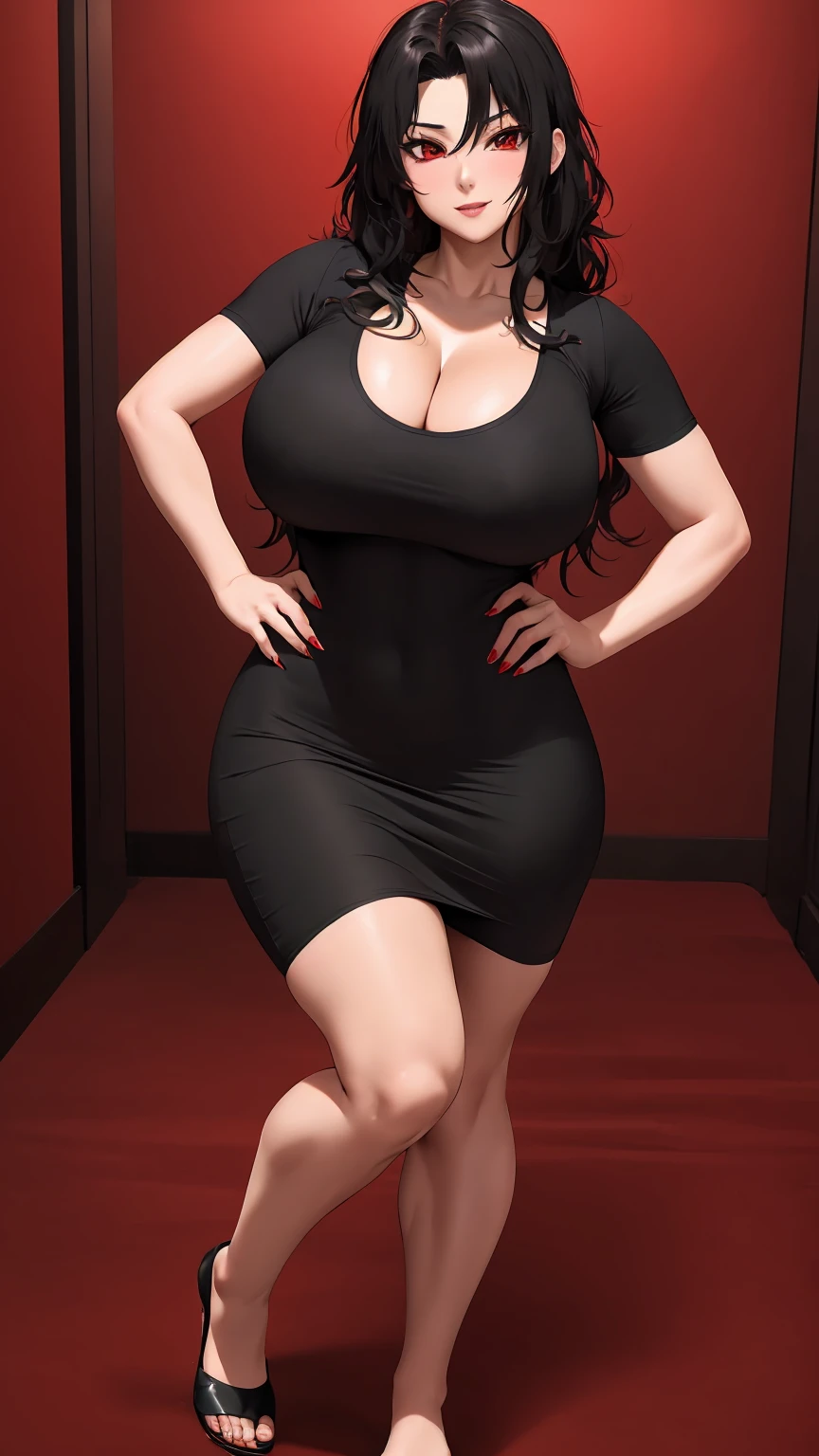 masterpiece, best quality, extremely detail 8k cg, high resolution, 1girl, kurenai yuhi, black hair, red eyes, huge breasts, black tee shirt dress, cleavage, hands on hips, seductive face, indoors, bedroom, beautiful face, cowboy shot