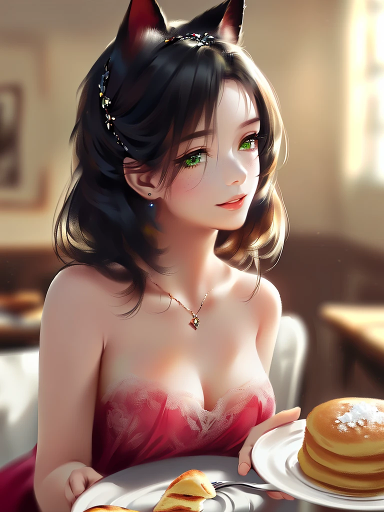 anime style, super fine illustration, highly detailed, dynamic angle, beautiful detailed, 8k, In a cafe where morning sunlight streams through the window, a plate of fluffy pancakes topped with strawberries, whipped cream, and a generous dusting of powdered sugar sits on the table. A woman eats them with a happy expression, her impressionable happiness drawing the attention of those around her.very good illustration, High detail, dynamic angle, beautiful detailing,2D, (Best quality, masterpiece, Beauty, tenderness), anime, Highly detailed face, very detailed eyes, very detailed background, perfect lighting, whole body, 1 girl, One, (Very detailed cat ears), (Very detailed ears behind the hair), Pink dress, green eyes, Finely detailed eyes, ears covered with hair, 