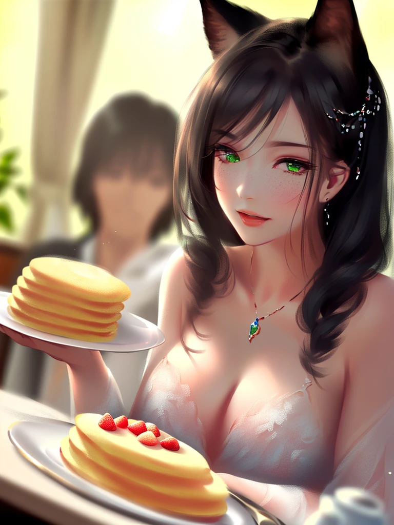 anime style, super fine illustration, highly detailed, dynamic angle, beautiful detailed, 8k, In a cafe where morning sunlight streams through the window, a plate of fluffy pancakes topped with strawberries, whipped cream, and a generous dusting of powdered sugar sits on the table. A woman eats them with a happy expression, her impressionable happiness drawing the attention of those around her.very good illustration, High detail, dynamic angle, beautiful detailing,2D, (Best quality, masterpiece, Beauty, tenderness), anime, Highly detailed face, very detailed eyes, very detailed background, perfect lighting, whole body, 1 girl, One, (Very detailed cat ears), (Very detailed ears behind the hair), Pink dress, green eyes, Finely detailed eyes, ears covered with hair, 