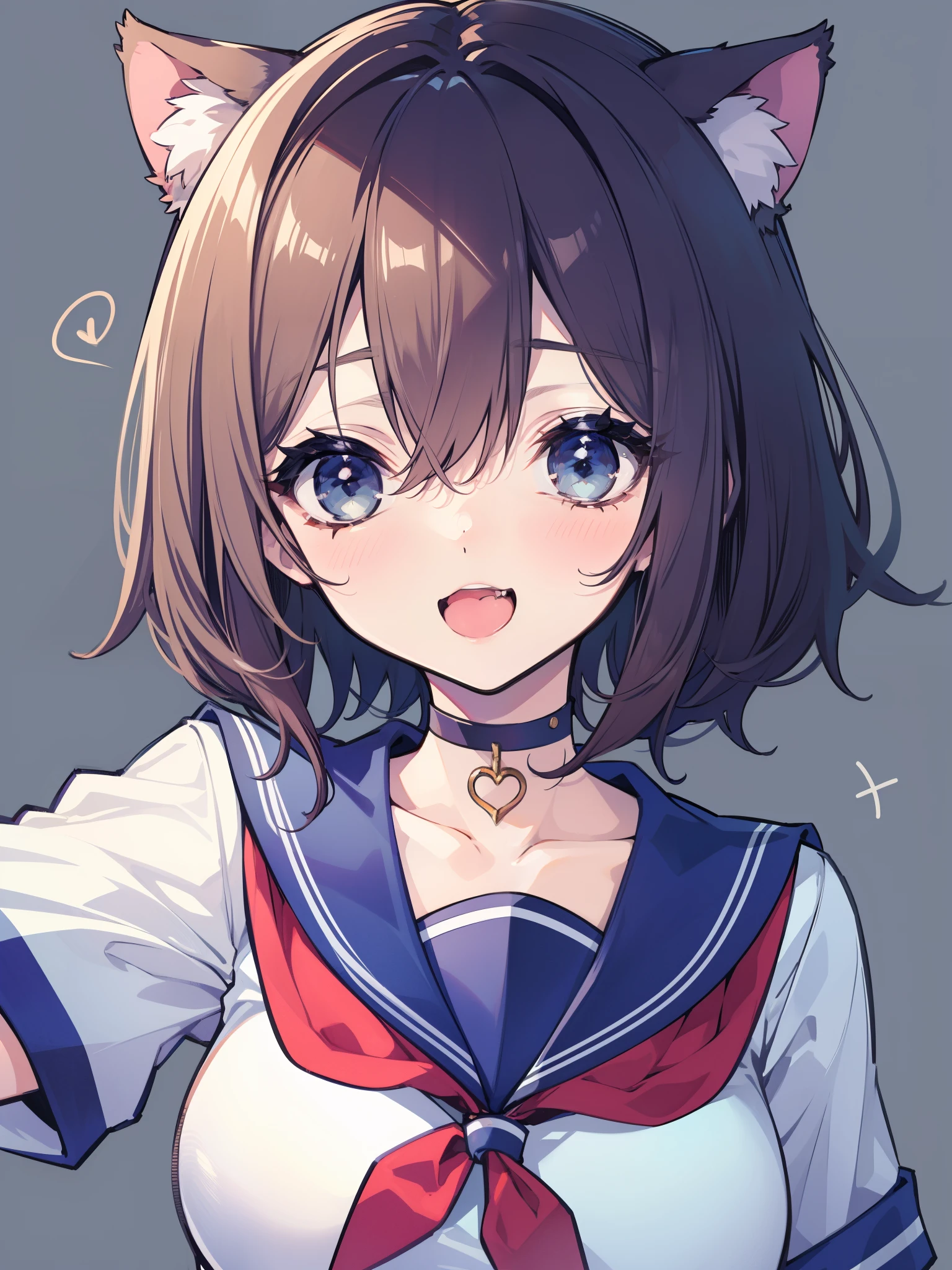 1girl, rating:safe, animal_ears, breasts, solo, open_mouth, smile, choker, upper_body, cat_ears, :d, blue_eyes, cleavage, looking_at_viewer, blush, striped, collarbone, shirt, sailor_collar, short_sleeves, large_breasts, brown_hair, fang, short_hair, white_sailor_collar, striped_background, black_choker, neckerchief, school_uniform, eyebrows_visible_through_hair, hair_between_eyes, black_shirt, bangs, white_neckwear, serafuku, grey_background, hand_up