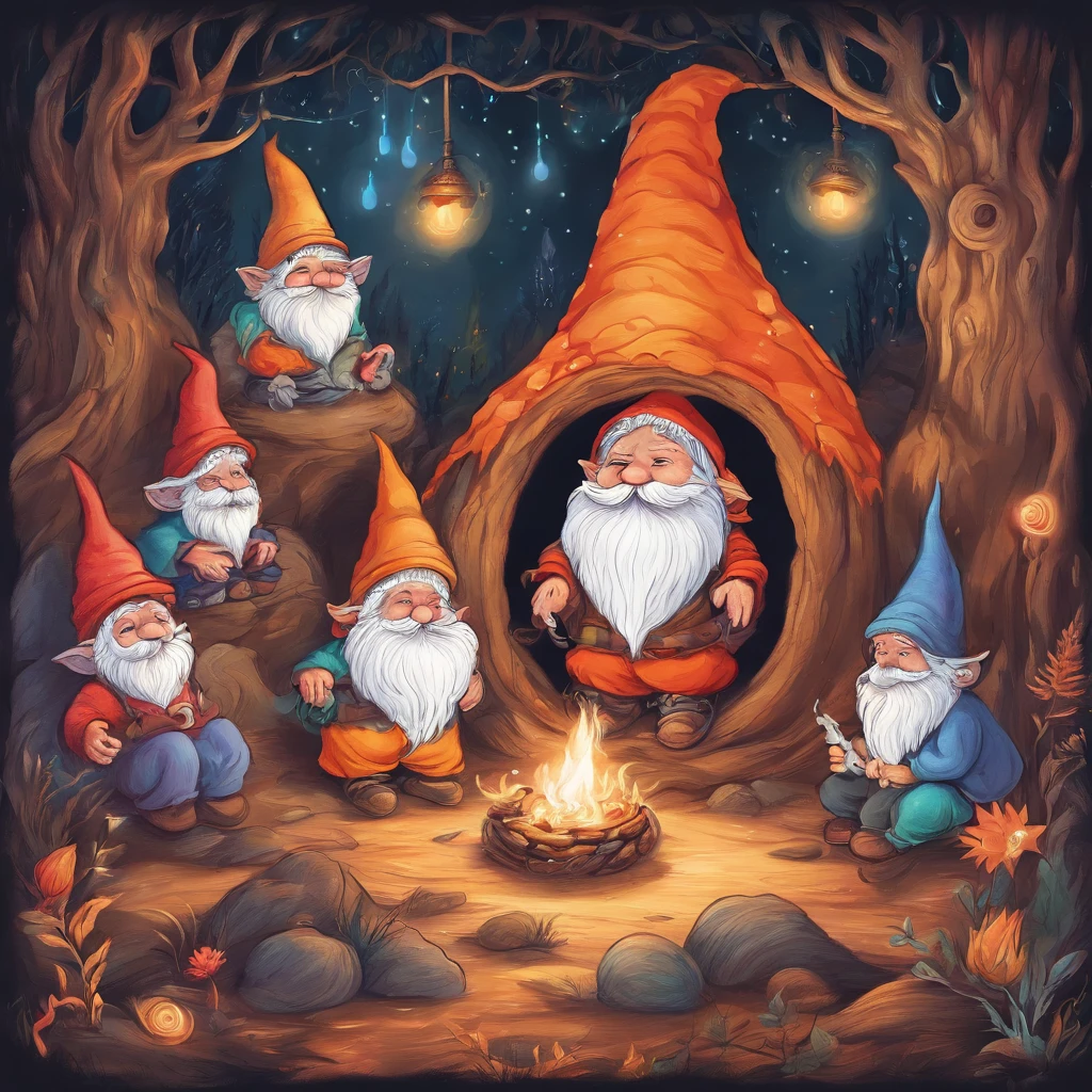 Four cute gnomes lie sleeping in a cave, covered with one large fluffy blanket,
A small fire with a pot is burning nearby. Cozy, cute, beautiful,
Excellent quality of drawing 