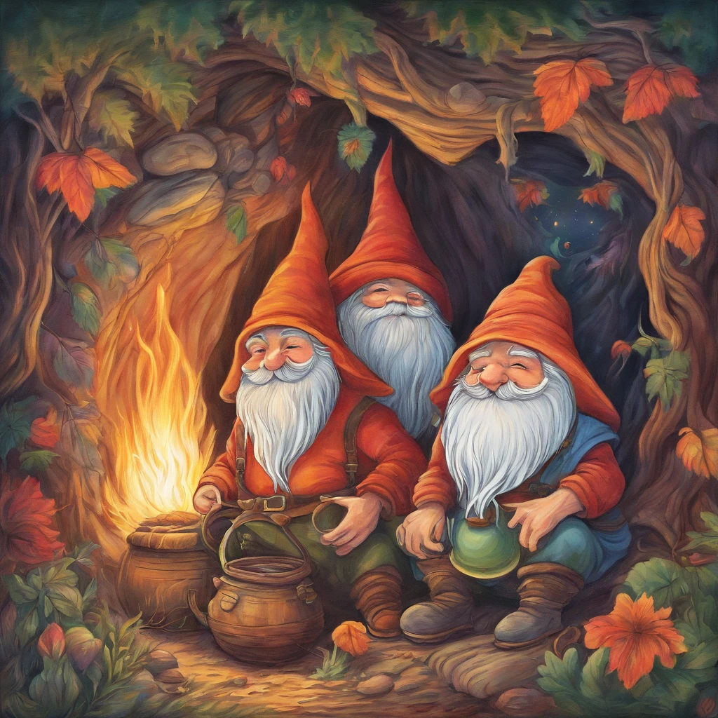 Four cute gnomes lie sleeping in a cave, covered with one large fluffy blanket,
A small fire with a pot is burning nearby. Cozy, cute, beautiful,
Excellent quality of drawing