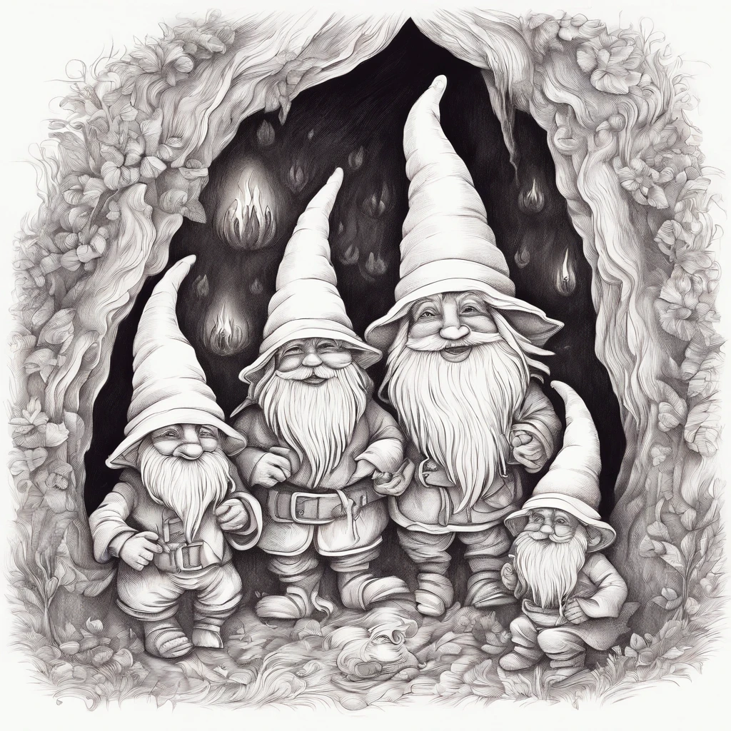 Four cute gnomes lie sleeping in a cave, covered with one large fluffy blanket,
A small fire with a pot is burning nearby. Cozy, cute, beautiful,
Excellent quality of drawing 