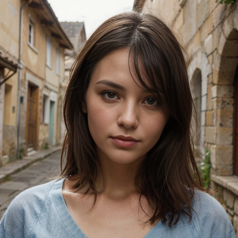 jeune femme de 25 ans, brune aux yeux bleus, chemisette blanche transparente, summer rain, low-cut, in a medieval village, murs en anciennes pierres, portes en bois