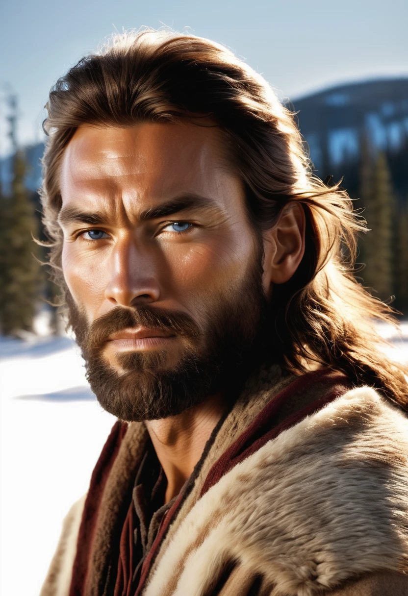 (highly detailed, soft light, detailed face, detailed skin, detailed eyes, photorealistic, dynamic light; cinematic); 1820's; 35 years old man; 3/4-German 1/4-Sioux Indian mix; 1820's fur-trader; leadership figure; strikingly handsome; wild man; defined cheekbones; defined strong jawline; longer chin; handsome face; strapping; tough confident expression; masculine face; charismatic; grizzled; sensual; strong German nose; manly passionate air; very attractive; burly broad figure with strong shoulders; ruddy weathered skin; long stubble beard; thick strong chestnut-brown eyebrows; wearing 1820's fur-trapper outfit; long loose tousled chestnut-brown hair in half-up tied-back style; full firm masculine lips; standing in Canada's rustic 1820's Red River Settlement during winter; smoking an 1820's German pipe; natural light-blue eyes; 3/4-German 1/4-Sioux Indian mix; looking at camera