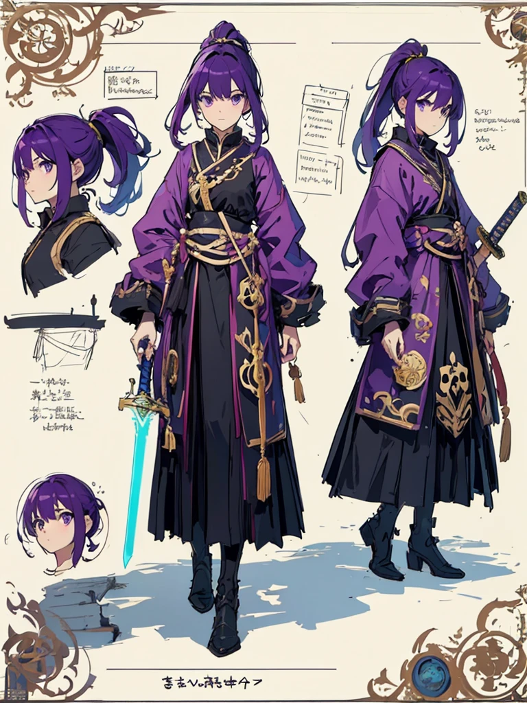 (masterpiece:1.2, highest quality),(Colored Background) (Beautiful detailed eyes: 1.2), (Highly detailed CG Unity 8K wallpaper, masterpiece, highest quality, Super detailed, best shadow), (detailed background) ,arms(have a sword),solo ,purple hair,purple eyes,ponytail,1girl, sketch (Character design sheet, same character, full body, Three-View, front, ~ side, return), solo,background white, Setting picture