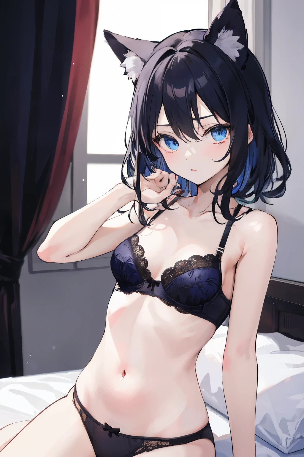 small catgirl with black hair and blue eyes, wearing black bra and panties laying on bed in pose in dark room. she feeling shy. nighttime