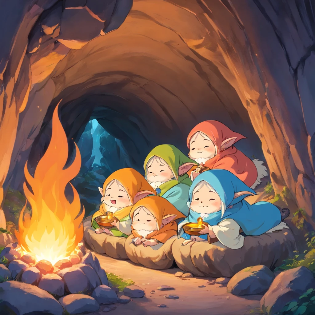 Four cute gnomes lie sleeping in a cave, covered with one large fluffy blanket,
A small fire with a pot is burning nearby. Cozy, cute, beautiful,
Excellent quality of drawing