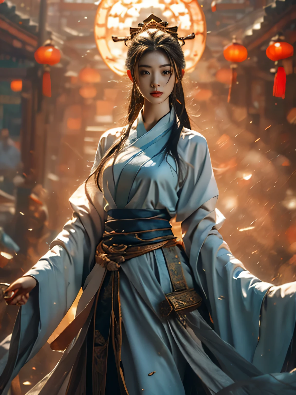 (magic circle:1.2) ((whole body)),wide angle,looking at the audience,holding sword,Positive beauty,Knife in both hands,Blade sideways,Left hand blade up,Right hand blade down,Run forward, in the bamboo forest,Wearing a light blue and slightly transparent Hanfu,Hanfu has gold and red patterns,Headpiece with top opal jewels,Wearing a jade pendant around the waist, Attractive forward leaning detailed skin, Hyper-realistic 8K CG, picture-perfect face, flawless, Clean, masterpiece, professional artwork, famous artwork, movie lighting, movie bloom,((black hair)),(1 girl, beautiful chinese girl),perfect face, (young:1.1),((25 years old)), pretty face, beautiful blue eyes,Detailed eyes, Detailed face, (((perfect female figure, Willow Yao))),((girl standing)),(masterpiece, best quality, high quality, high resolution, Super detailed),gufeng