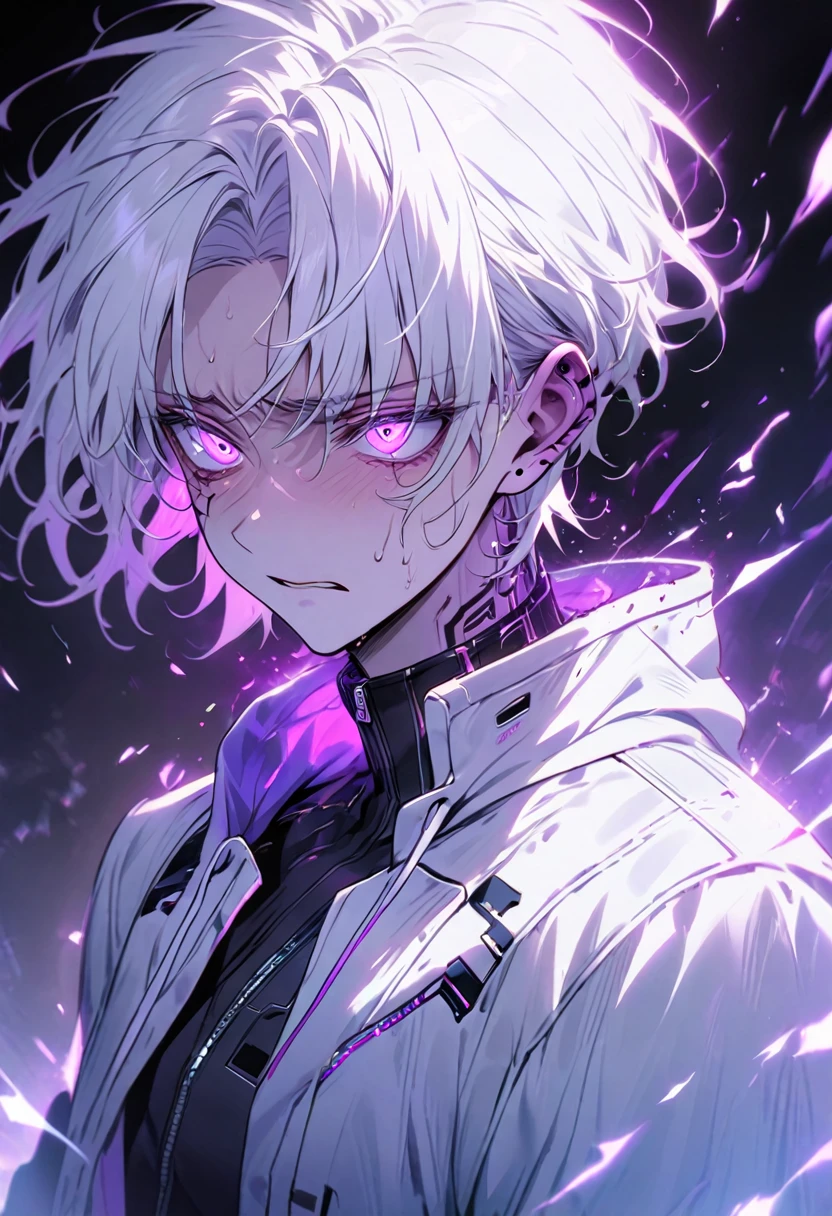 Man, white hair, purple glowing eyes, sad expression, wearing a cyberpunk hoodie