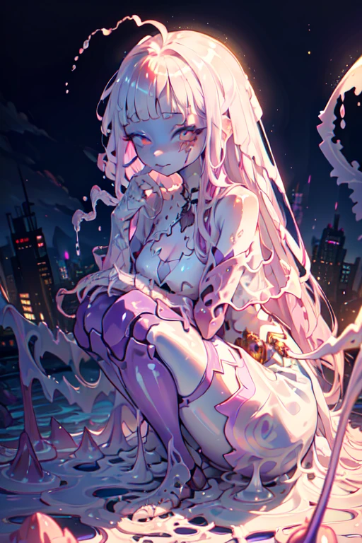 (Translucent liquid skin:1.6), No humans, punk outfit, purple hair, partial fused exoskeleton, Beautiful eyes with fine symmetry, (Intricate details:1.4), (Highly detailed face and eyes:1.2), slim figure, posing sitting for a photo, , destroyed city, urban combat, anime, fantasy, detailed background, 2D, (Highly detailed), (high resolution), (Best quality), (masterpiece)