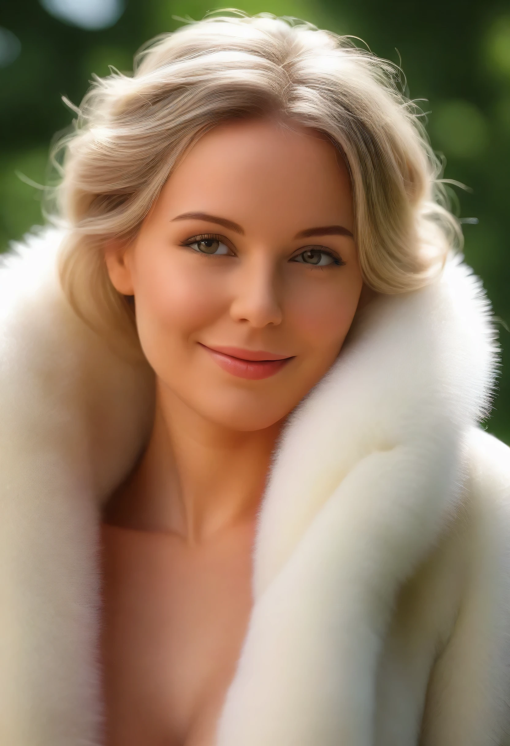 A very wide and very thick, manteau de fourrure extra long, en vison blanc, fifty centimeters thick, duveteux, naturel, with an ultra thick white mink fur collar, three layers, fully nude profile view, elle pose les mains sur les seins, bare shoulders, and two large breast discovered by the fur, at sunny chef-d'artwork:1.2), Ultra-detailed, (Realistic, photo-Realistic:1.37), Portrait, Femme scandinave, 35 ans, joufflu, "Ingrid Mueller" (tresses de cheveux blond clair), , natural lighting, ombres douces, palette de couleurs vertes, relaxed expression, braided hair, doux sourire, atmosphère paisible, feuilles de printemps, corps naturel, pose naturelle, , humeur sereine, fond harmonieux, high resolution, detailed eyes, joues roses, happy photoRealistic, , best quality, 4k, 8K, haute résolution vue du corps trois quart
