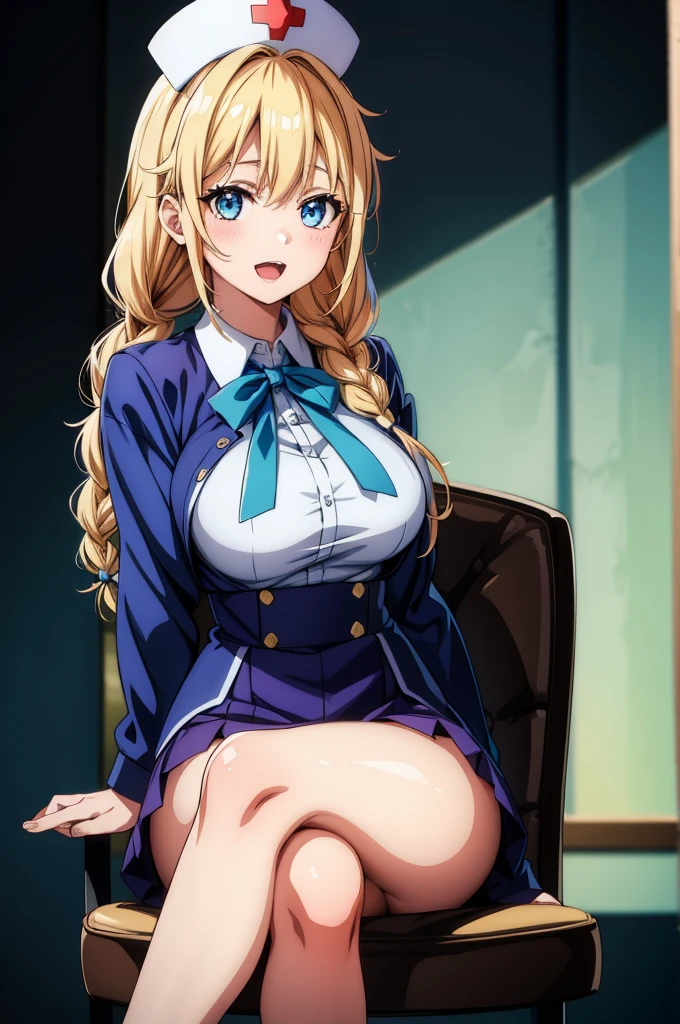 a female anime character in a nurse uniform sitting in a chair in a dark room, 1girl, breasts, solo, crossed legs, blue eyes, large breasts, hat, blonde hair, shirt, white shirt, braid, pantyhose, sitting, looking at viewer, skirt, open mouth, baseball cap, jacket, bowtie, bow, indoors, smile, blue bowtie, long hair, blue bow, bangs, open jacket, collared shirt, long sleeves, black headwear
