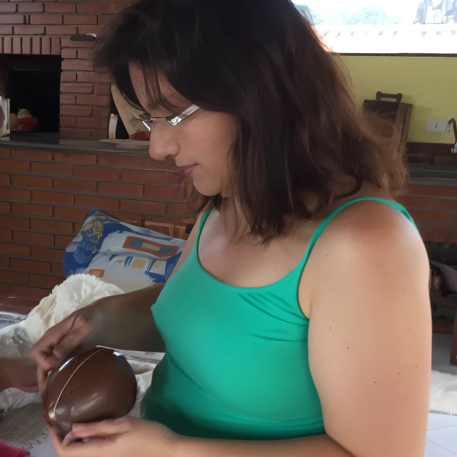 Woman in green shirt making chocolate Easter egg, 30 years old. High resolution, (photographically realistic), sexy pose, 8K, NFSW. Masterpiece, best quality, (best quality), (8k CG unity wallpaper, realistic lighting, extremely detailed), (best quality), (best illustration), (best shadow), absurdities, realistic lighting, (Abyss ), beautiful detailed shine. Best quality, high resolution, Masterpiece: 1.3, High resolution (photographically realistic). She is around 35 years old, a woman in good physical condition.