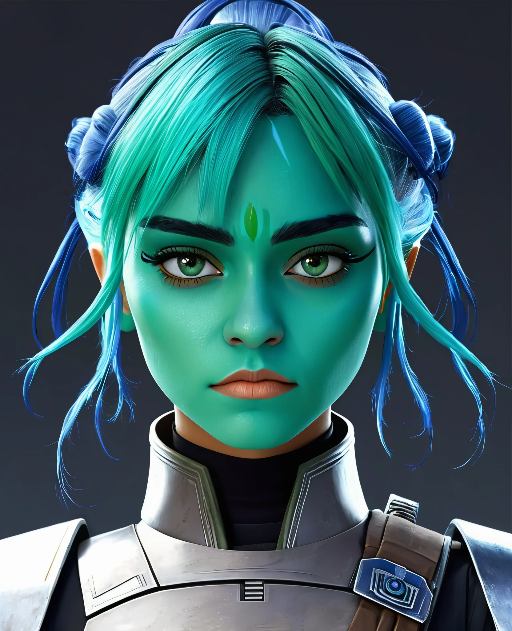 An androgynous Young looking Star War character with blue-green skin and hair. Stylized like in the 3D animation show "the clones wars", it really need to respect the show's art style