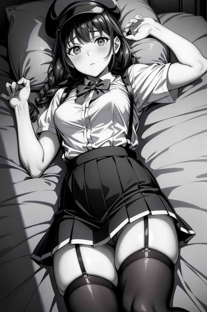 a woman with bra and suspenders laying on bed in room of a small house, 1girl, solo, on back, twin braids, hat, lying, monochrome, skirt, breasts, greyscale, braid, shirt, looking at viewer, short sleeves, thighhighs, bow, blush, bowtie, suspenders, miniskirt, thigh strap, bangs