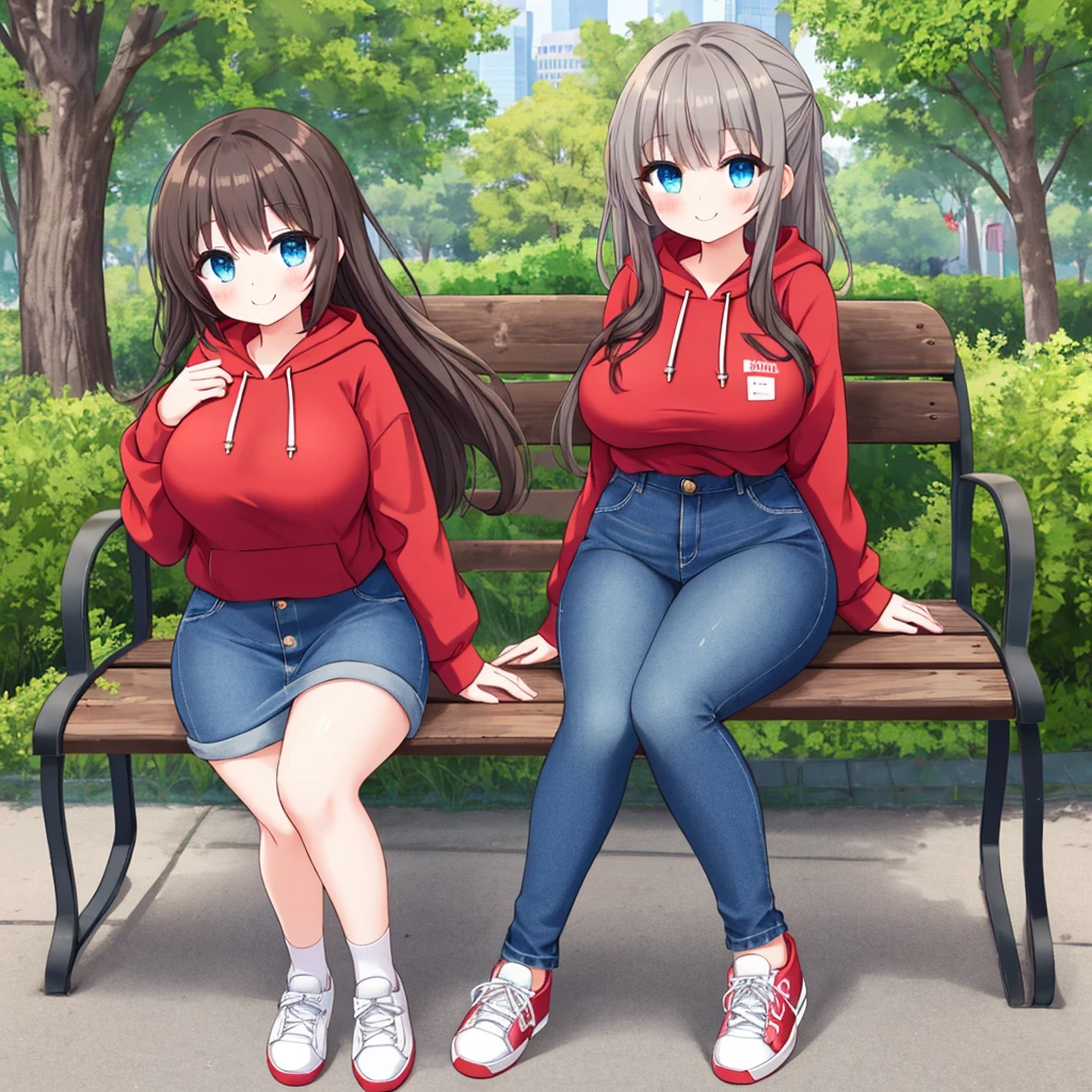 A Cute Girl, Long Dark-Brunette hair, Beautiful Blue eyes, very Busty, wide hips, and is very short. Wearing an old Red Hoodie, Heavily-worn Dark-Blue Jeans, and Grey Sneakers. Sitting on a wooden bench in a Park, in a big city. With a cute little smile, 