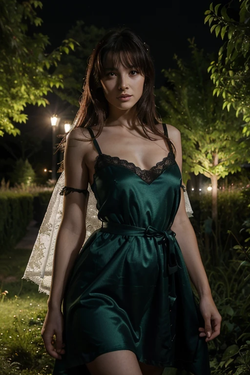 une femme de 25 ans, en sous vêtement, robe de nuit en lin, dans un jardin de hautes herbes, brume