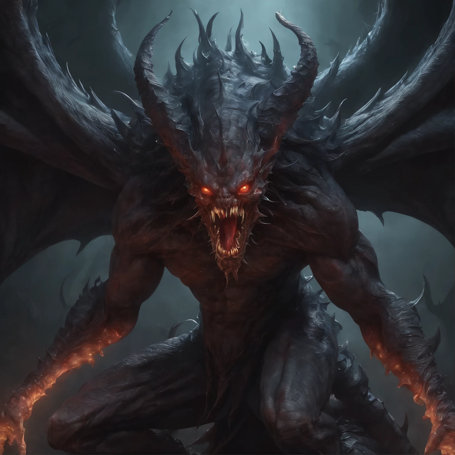 (best quality,4k,8k,highres,masterpiece:1.2),ultra-detailed,(realistic,photorealistic,photo-realistic:1.37),cosmic horror,terrifying gargantuan demon summoned from a magic square,deformed head with twisted horns,incredible number of enormous fangs,sharp and elongated claws,long tail,dreadful figure enveloped in blue flames,dark and eerie atmosphere,intense otherworldly presence,flickering ethereal glow,mythical and menacing aura,tentacles writhing and coiling ominously,ominous shadows looming in the background,powerful and malignant entity emerging from a portal of darkness,sinister and surreal alternate dimension,overwhelming sense of dread and fear,unsettling and disturbing composition,extremely detailed and intricate artwork,nightmarish and grotesque appearance,eerie and piercing gaze,ominous and predatory posture,outlandish and contorted anatomy,demonic energy pulsating from every fiber,ominous whispers echoing in the air,hypnotic and disorienting visual effects,dark and foreboding color palette,dynamic and dramatic lighting effects,ominous and mysterious ambience,ethereal and haunting presence,evoking deep-seated unease and terror,fantastical and monstrous abomination.