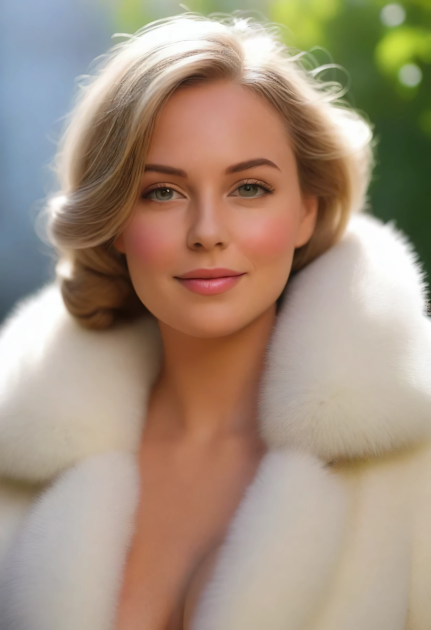 A very wide and very thick, manteau de fourrure extra long, en vison blanc, fifty centimeters thick, duveteux, naturel, with an ultra thick white mink fur collar, three layers, fully nude profile view, elle pose les mains sur les seins, bare shoulders, and two large breast discovered by the fur, at sunny chef-d'artwork:1.2), Ultra-detailed, (Realistic, photo-Realistic:1.37), Portrait, Femme scandinave, 35 ans, joufflu, "Ingrid Mueller" (tresses de cheveux blond clair), , natural lighting, ombres douces, palette de couleurs vertes, relaxed expression, braided hair, doux sourire, atmosphère paisible, feuilles de printemps, corps naturel, pose naturelle, , humeur sereine, fond harmonieux, high resolution, detailed eyes, joues roses, happy photoRealistic, , best quality, 4k, 8K, haute résolution vue du corps trois quart