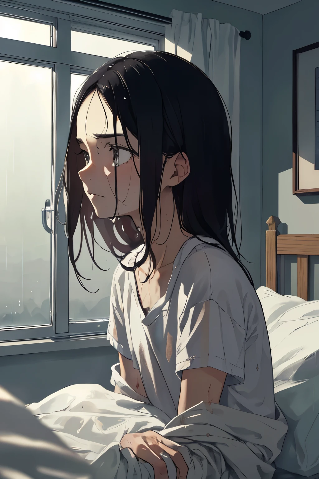 Amidst the gloomy hospital room, a sad and depressed teenager lies on the bed, gazing out of the window as the rain pelts relentlessly against it. The background is a muddy, grey sky, dripping with sadness and melancholy. The teenager's face is a portrait of despair, with dark circles under his eyes and a furrowed brow. His unkempt hair is matted against his forehead, and his clothes are rumpled and disheveled. The highest quality of realism is captured in every detail, from the water droplets on the window to the tear stains on the teenager's pillow. The cinematic atmosphere is heightened by the soft, mut