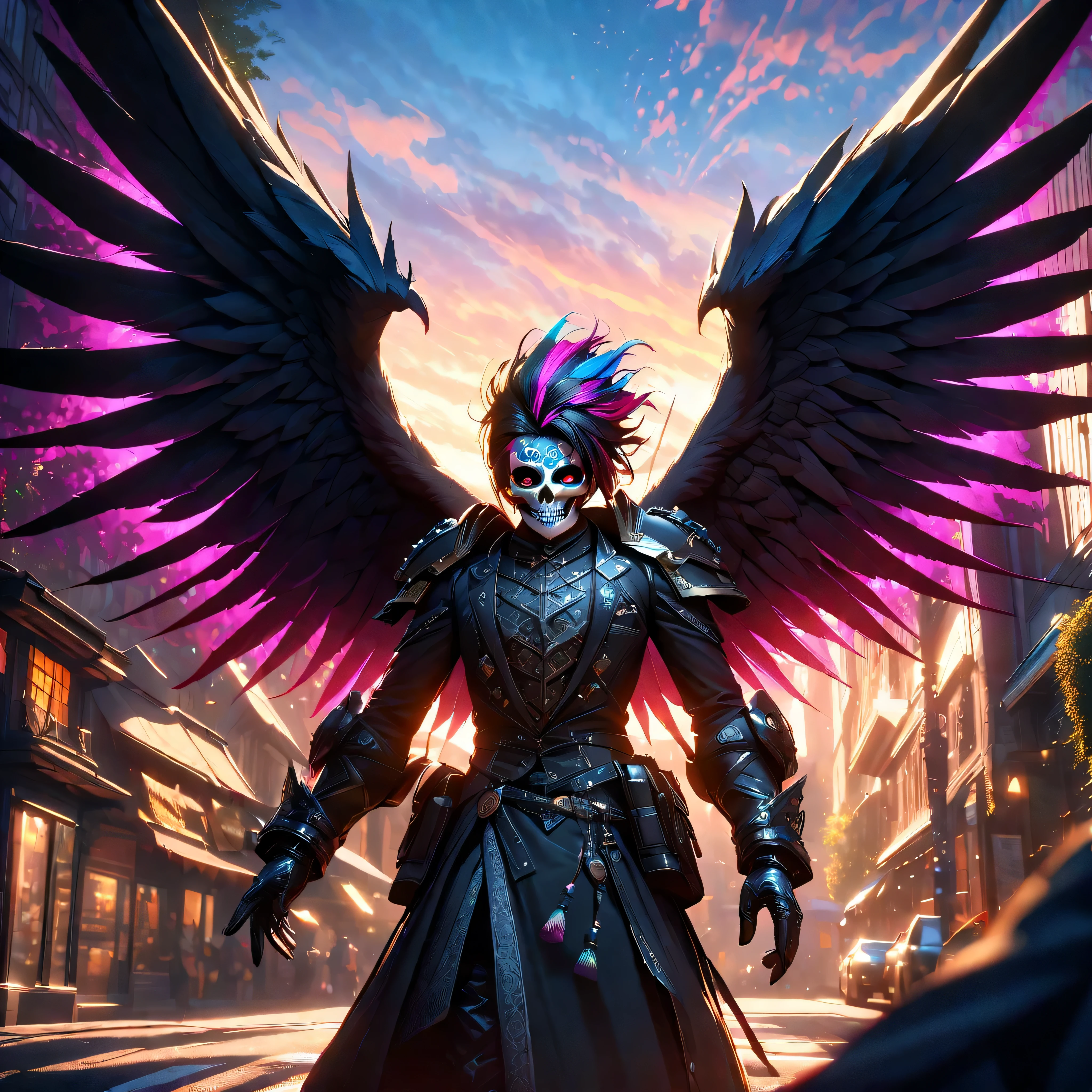 Sunset, full body shot of beautiful colour parrot "Dia De Los Muertos" initial referential The Master Professor hand-Invictus. Spread wings. On the man shoulder. Capture the details of expensive brush strokes. dynamic composition, dramatic lighting to create a cinematic forest and blue sky atmosphere... National geographic quality images, extremely detailed, volumetric lighting, Background: City Street. Ultra Professional PhotoRealistic ((UnrealEngine5 epic tmasterpiece, ultra high-quality, ultra high-details, ultra sharp-focus, ultra high-resolution, ultra high-definition, vibrant DSLR vivid colorful lighting, cinematic_sunlight, saturate)), varies multi etc. --v 6 --s 1000 --c 20 --q 5 --chaos 100