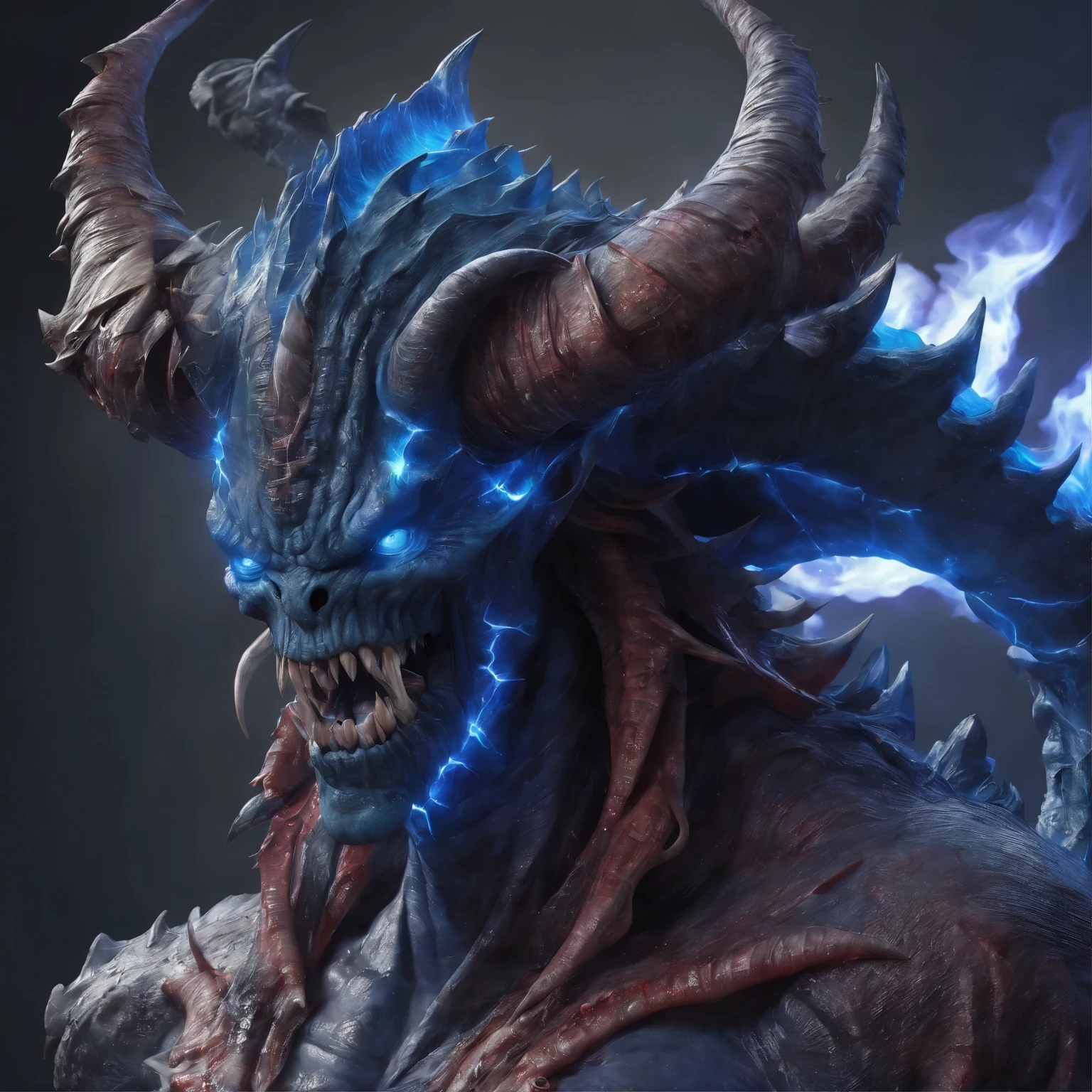 (best quality,4k,8k,highres,masterpiece:1.2),ultra-detailed,(realistic,photorealistic,photo-realistic:1.37),Cosmic horror, a giant demon from another dimension summoned from the magic circle, a deformed head with tentacles and twisted horns, a tremendous number of huge fangs, long sharp claws, a long tail, and a terrifying blue flame.  (amazingly powerful and realistic composition by Greg Rutkowski:1.2)