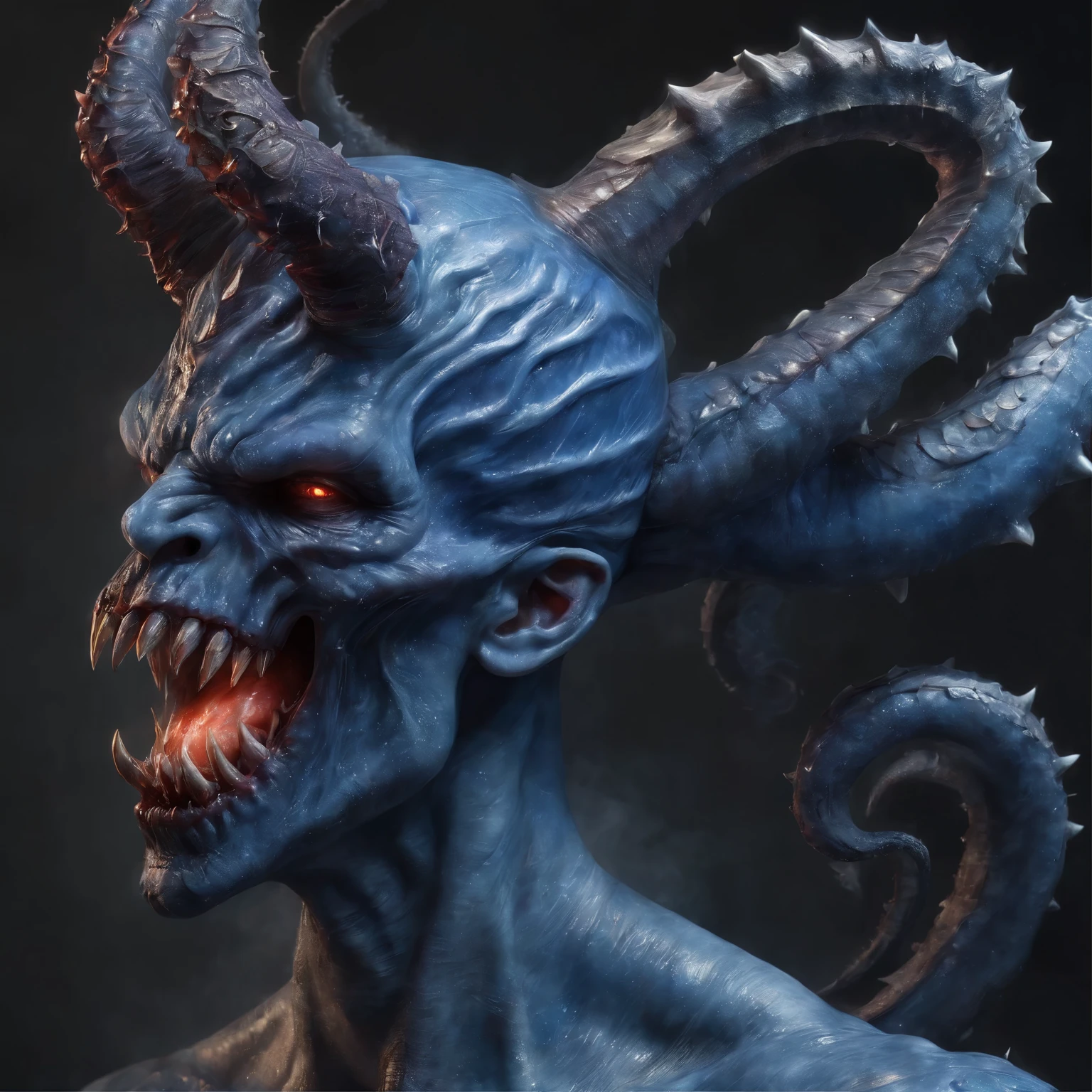 Alien with a male appearance
Bright blood red hair
Very bright pink eyes
Gray scaly skin
With raven wings on the back