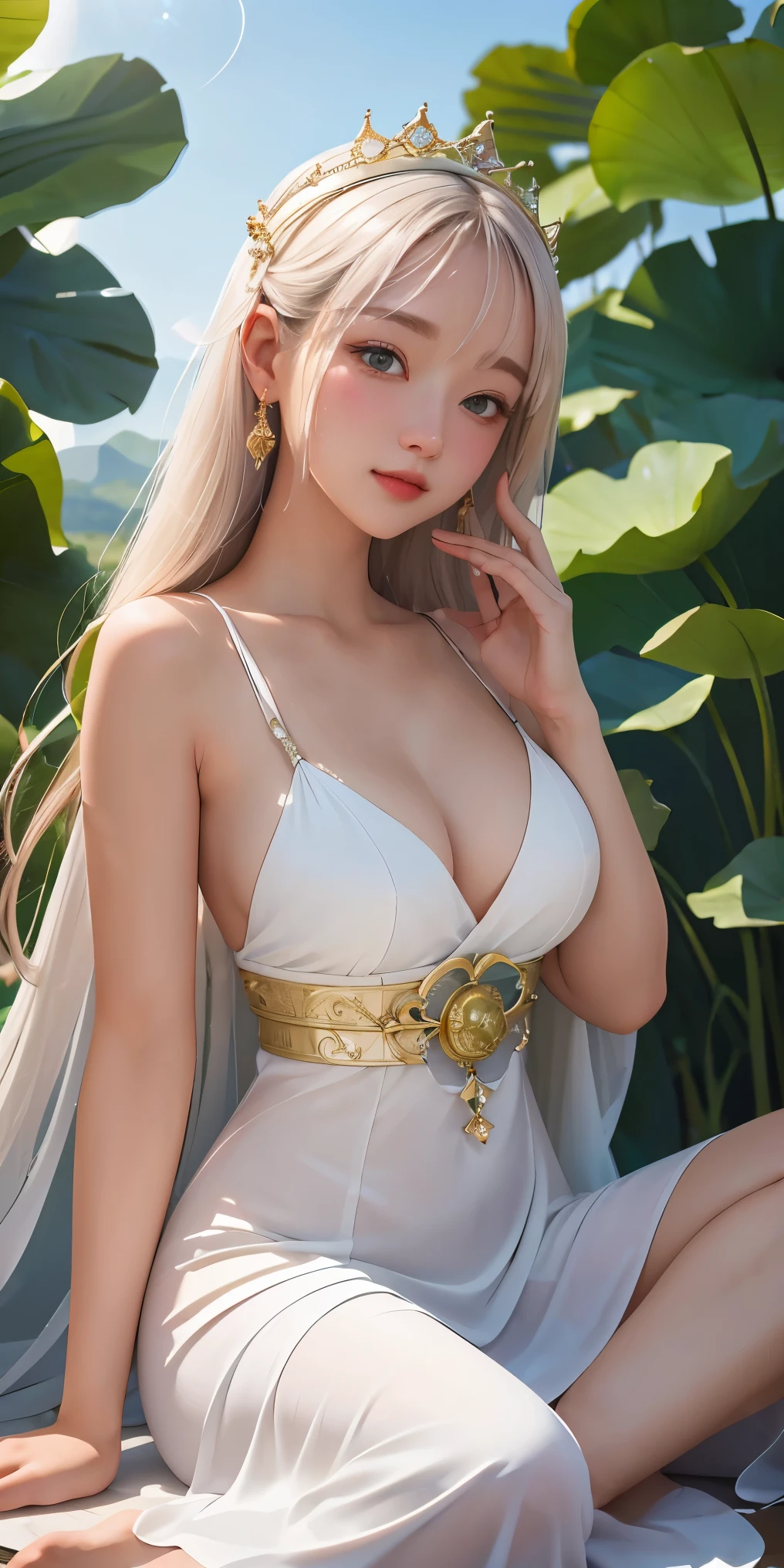 "Independent beauty, beautiful woman in white, gentle gaze, upper body, delicate and flawless, the picture is spotless". Avalokiteshvara, Avalokiteshvara sitting on a lotus platform, hands sealed, sexy, big breasted, low cut, holy, holy light shining, Buddha light shining, round light, halo, squinting, 8k, highest quality, super clear